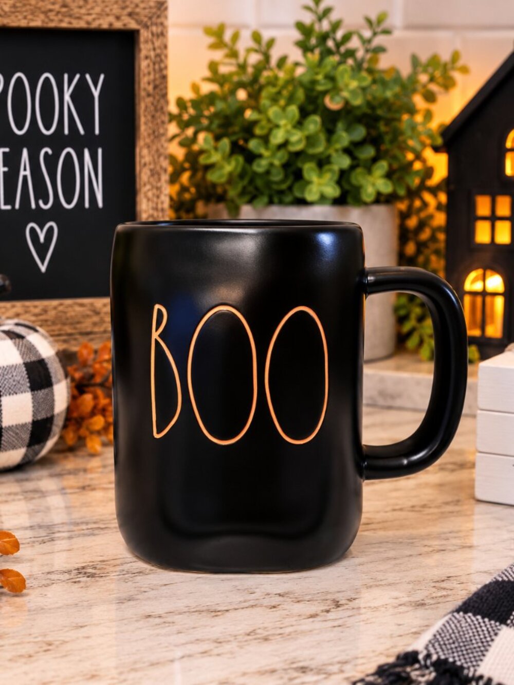 Rae Dunn BOO Mug Black Orange Halloween Coffee Cup Artisan Collection NWT